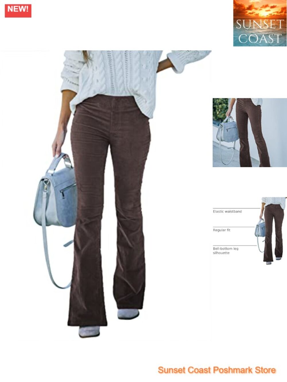 Flare Corduroy Pants Elastic Waist Bell Bottom Trousers Retro Style